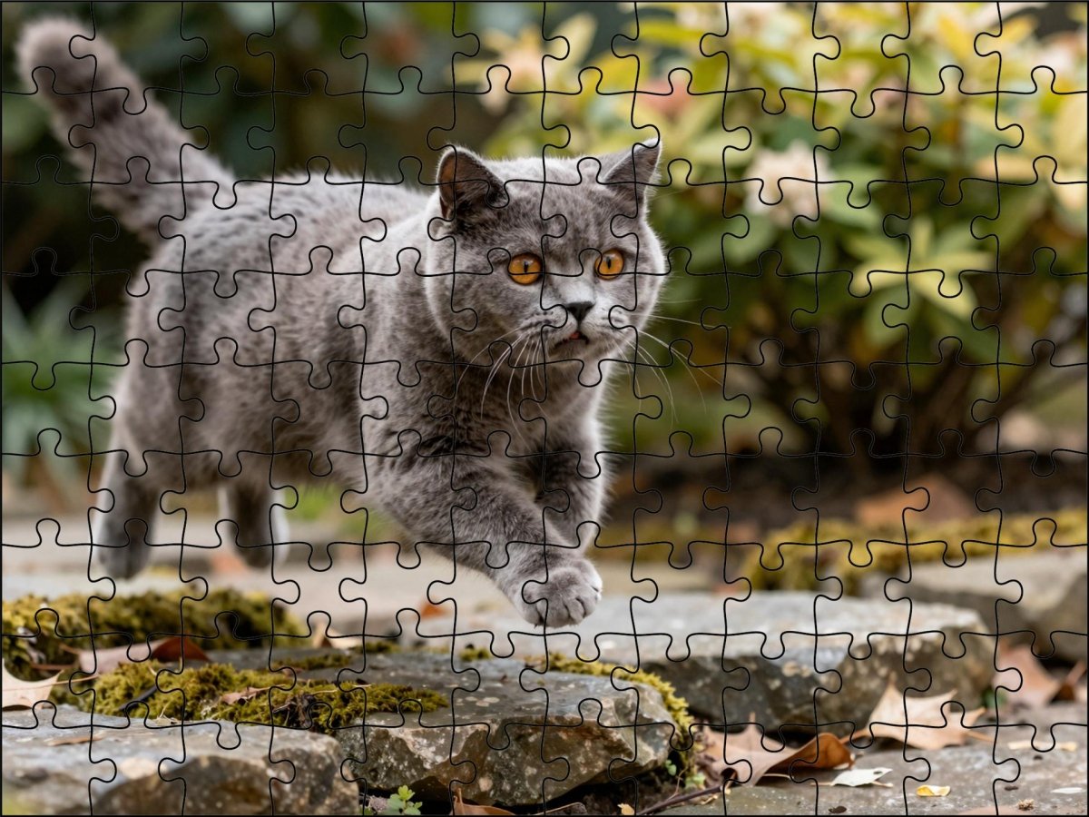 Fotopuzzel Britse Korthaar in de tuin | Liggend - Stukjes Geluk