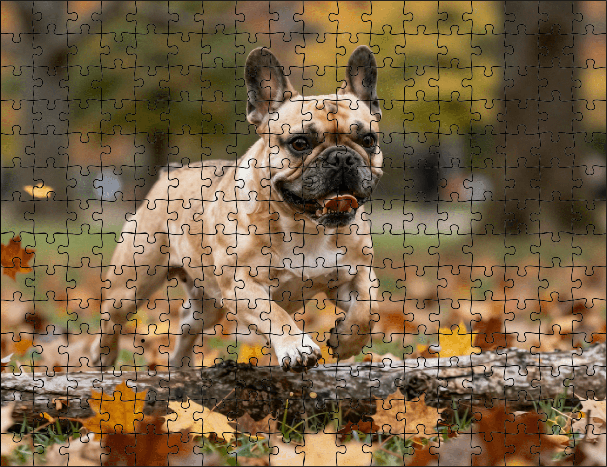 Fotopuzzel Franse Bulldog in het park | Liggend - Stukjes Geluk
