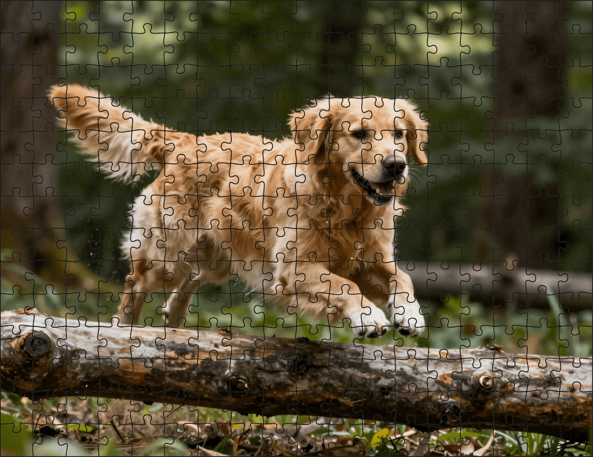 Fotopuzzel Golden Retriever in het bos | Liggend - Stukjes Geluk