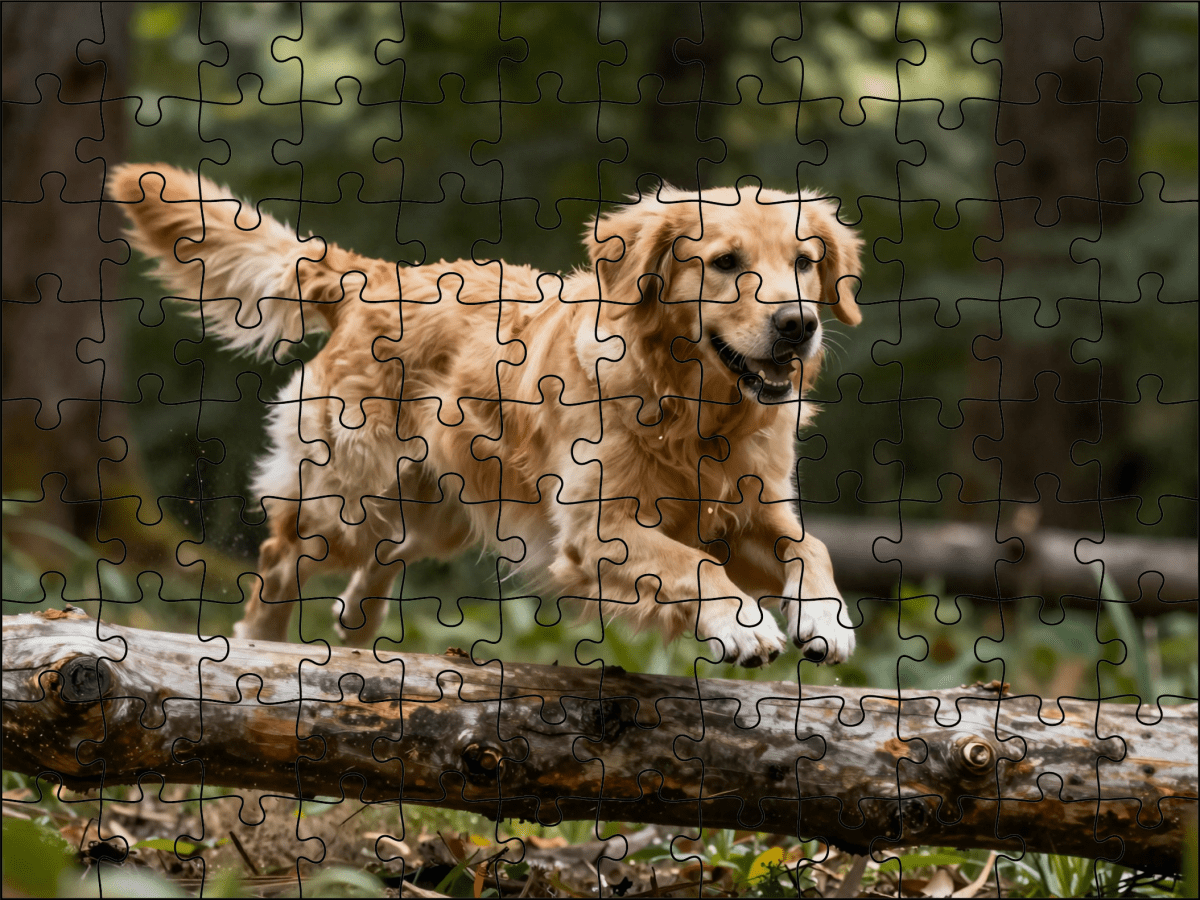 Fotopuzzel Golden Retriever in het bos | Liggend - Stukjes Geluk