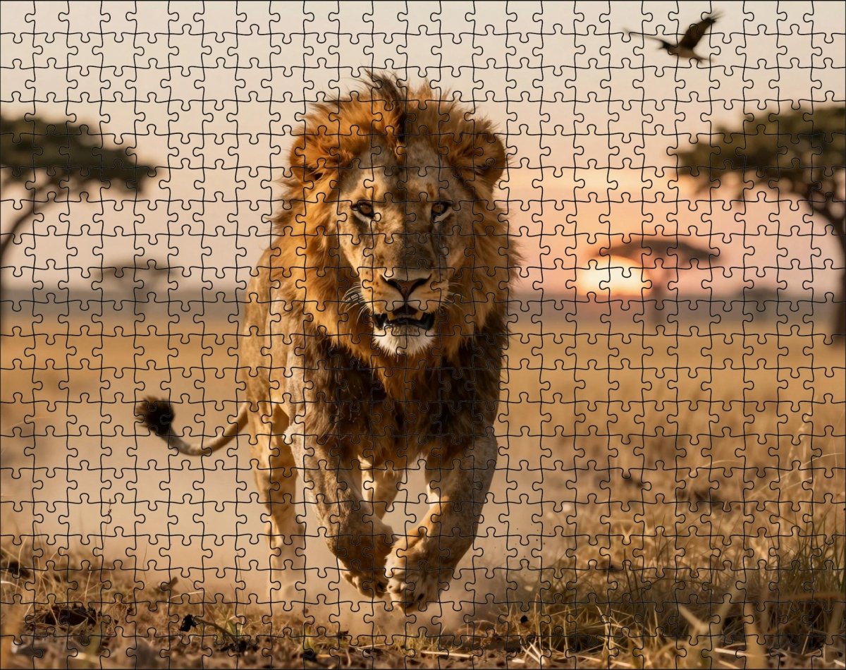 Fotopuzzel Leeuw 'Savanna Charge' | Liggend - Stukjes Geluk