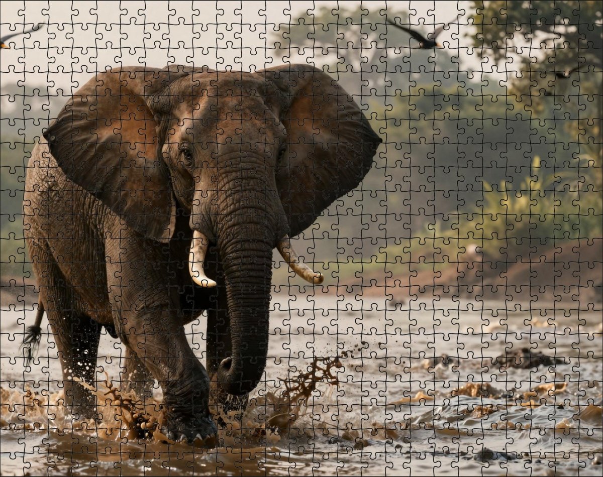 Fotopuzzel Olifant 'River Stampede' | Liggend - Stukjes Geluk