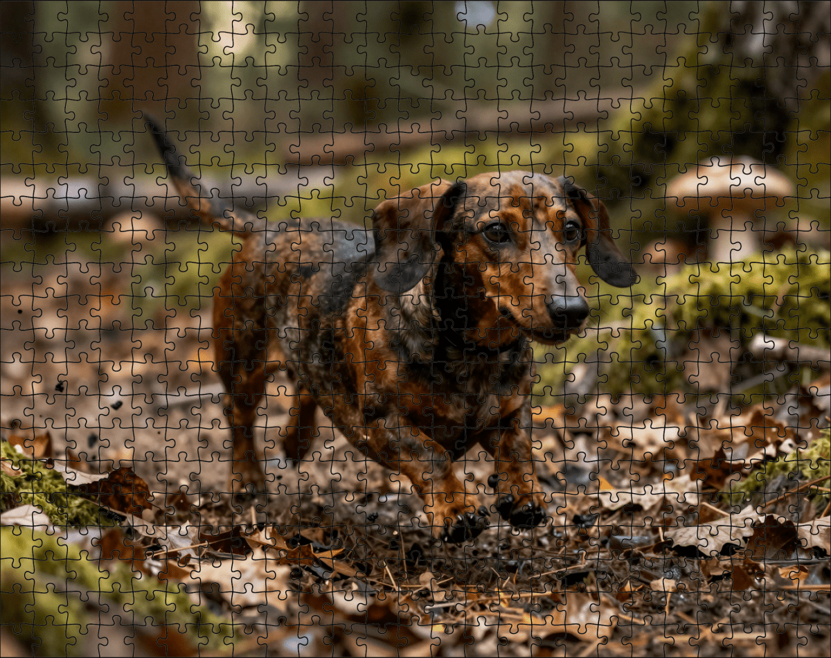 Fotopuzzel Teckel in het bos | Liggend - Stukjes Geluk