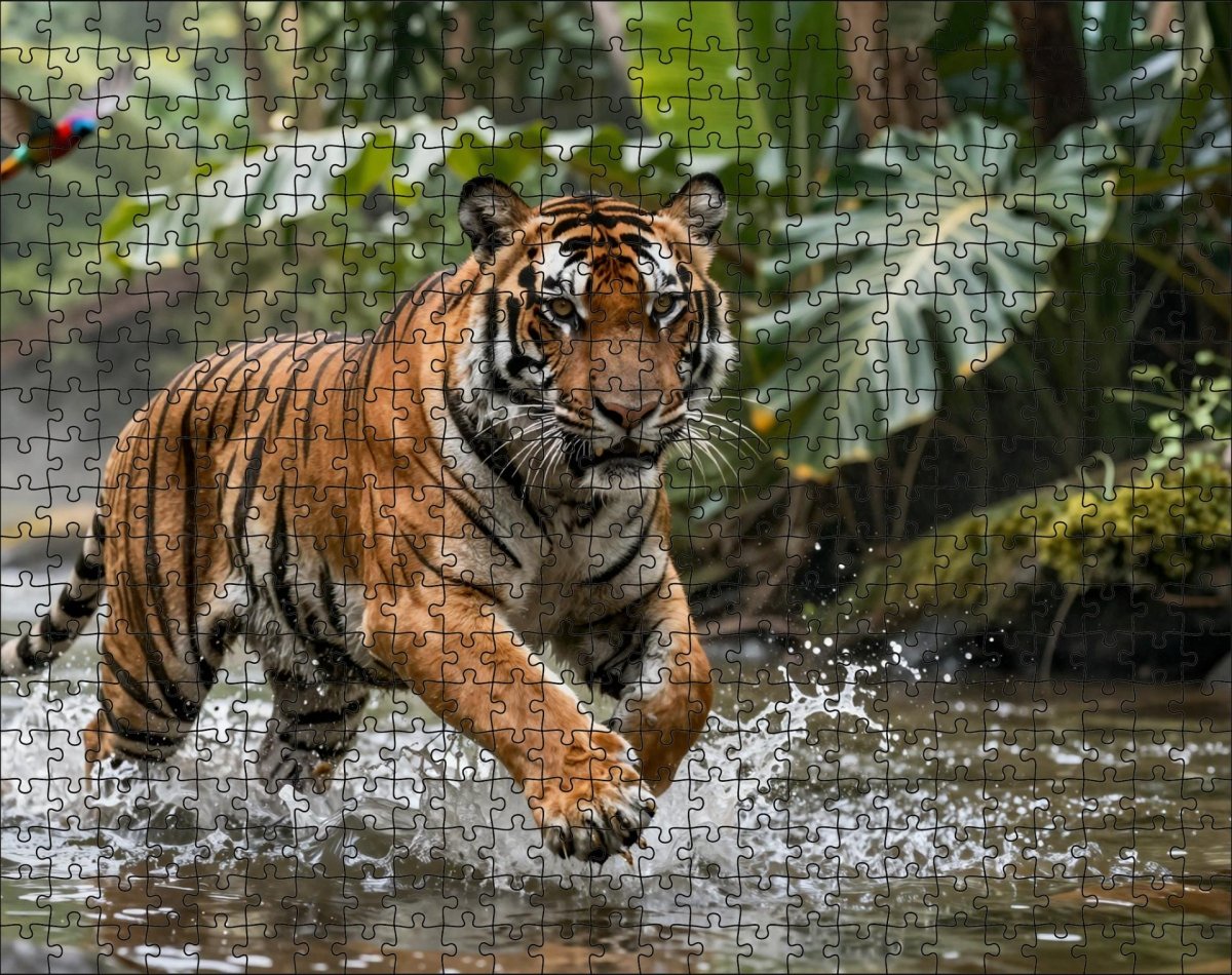 Fotopuzzel tijger 'Jungle River Chase' | Liggend - Stukjes Geluk
