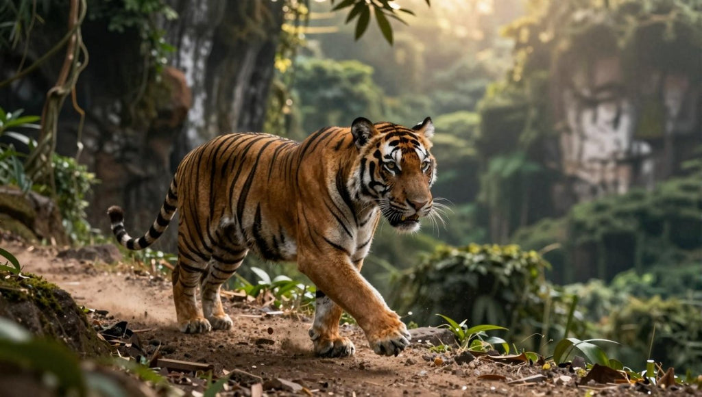 Fotopuzzel tijger 'Rocky Jungle Cliff Run' | Liggend - Stukjes Geluk
