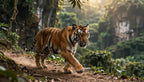 Fotopuzzel tijger 'Rocky Jungle Cliff Run' | Liggend - Stukjes Geluk