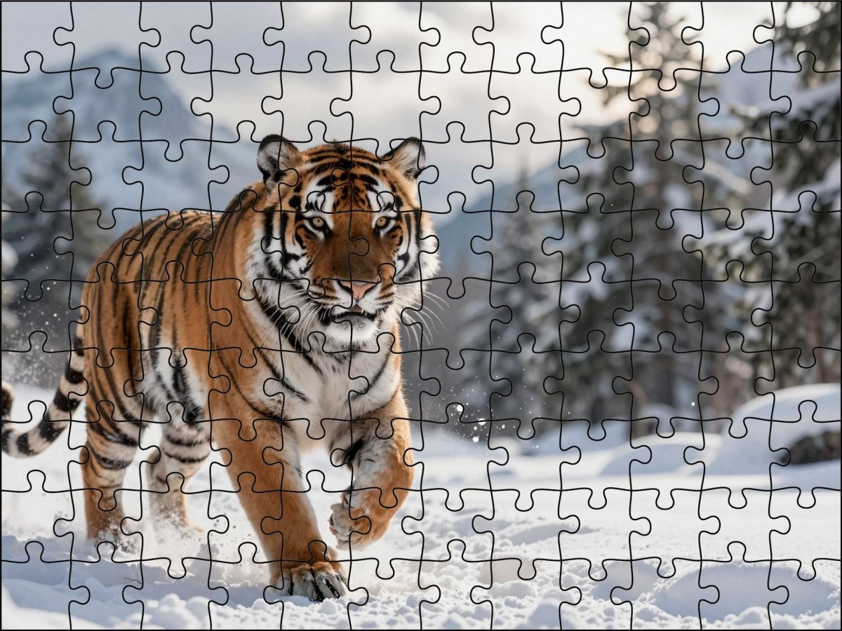 Fotopuzzel tijger 'Snowy Mountain Charge' | Liggend - Stukjes Geluk