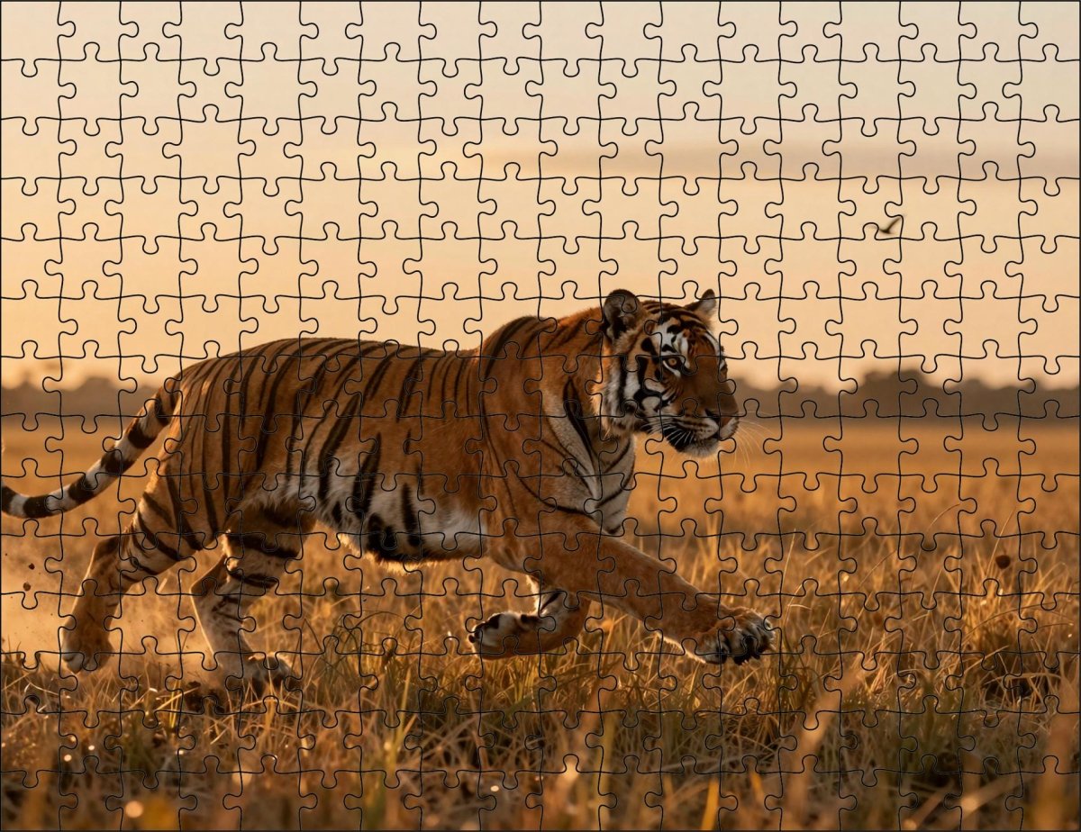 Fotopuzzel tijger 'Sunset Grassland Hunt' | Liggend - Stukjes Geluk