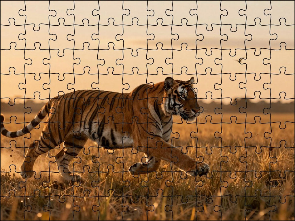 Fotopuzzel tijger 'Sunset Grassland Hunt' | Liggend - Stukjes Geluk