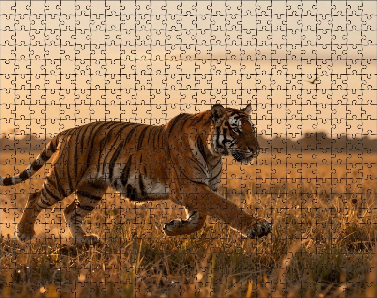 Fotopuzzel tijger 'Sunset Grassland Hunt' | Liggend - Stukjes Geluk