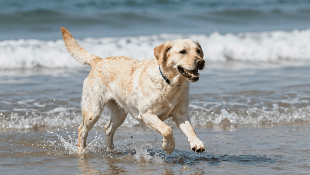 Fotopuzzel Witte Labrador Retriever op het strand | Liggend - Stukjes Geluk