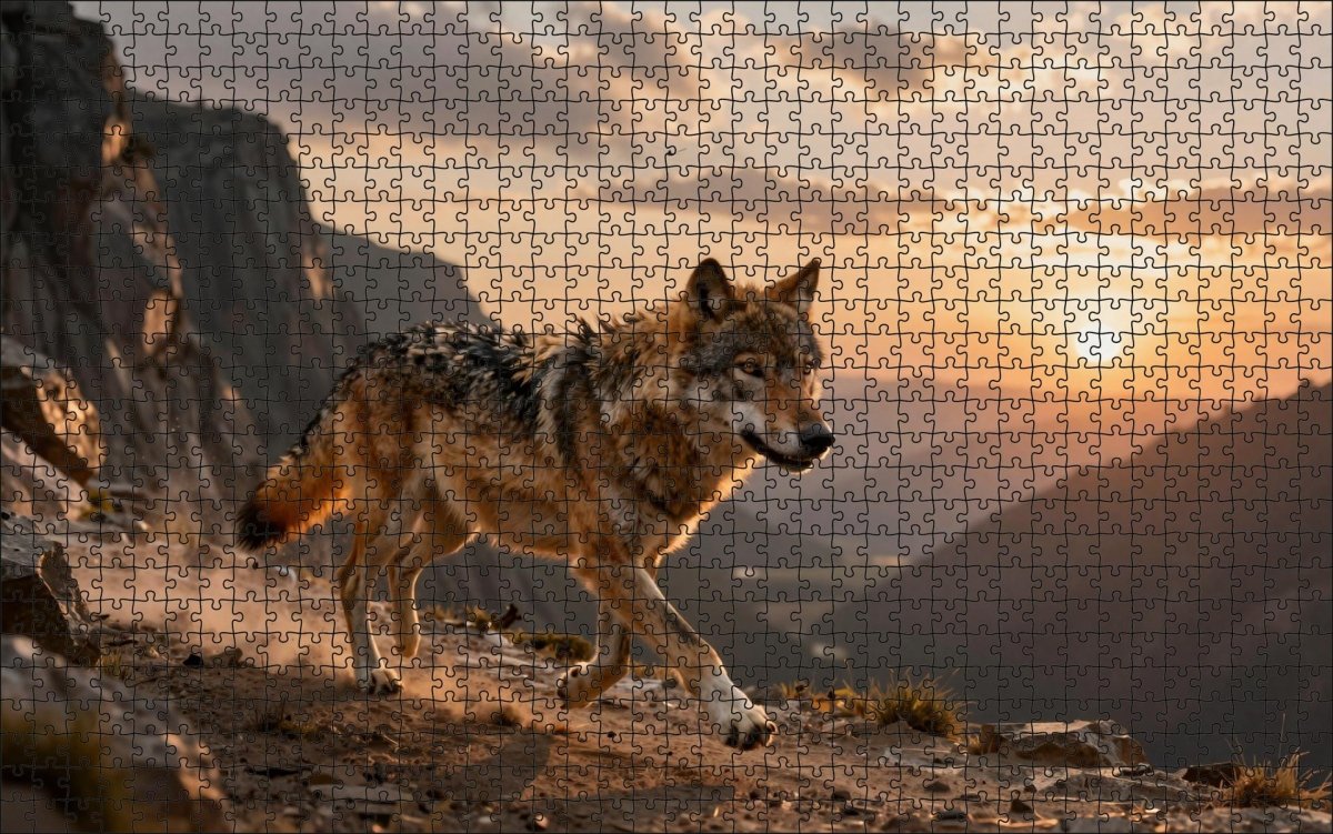 Fotopuzzel Wolf 'Cliffside Print at Sunset' | Liggend - Stukjes Geluk