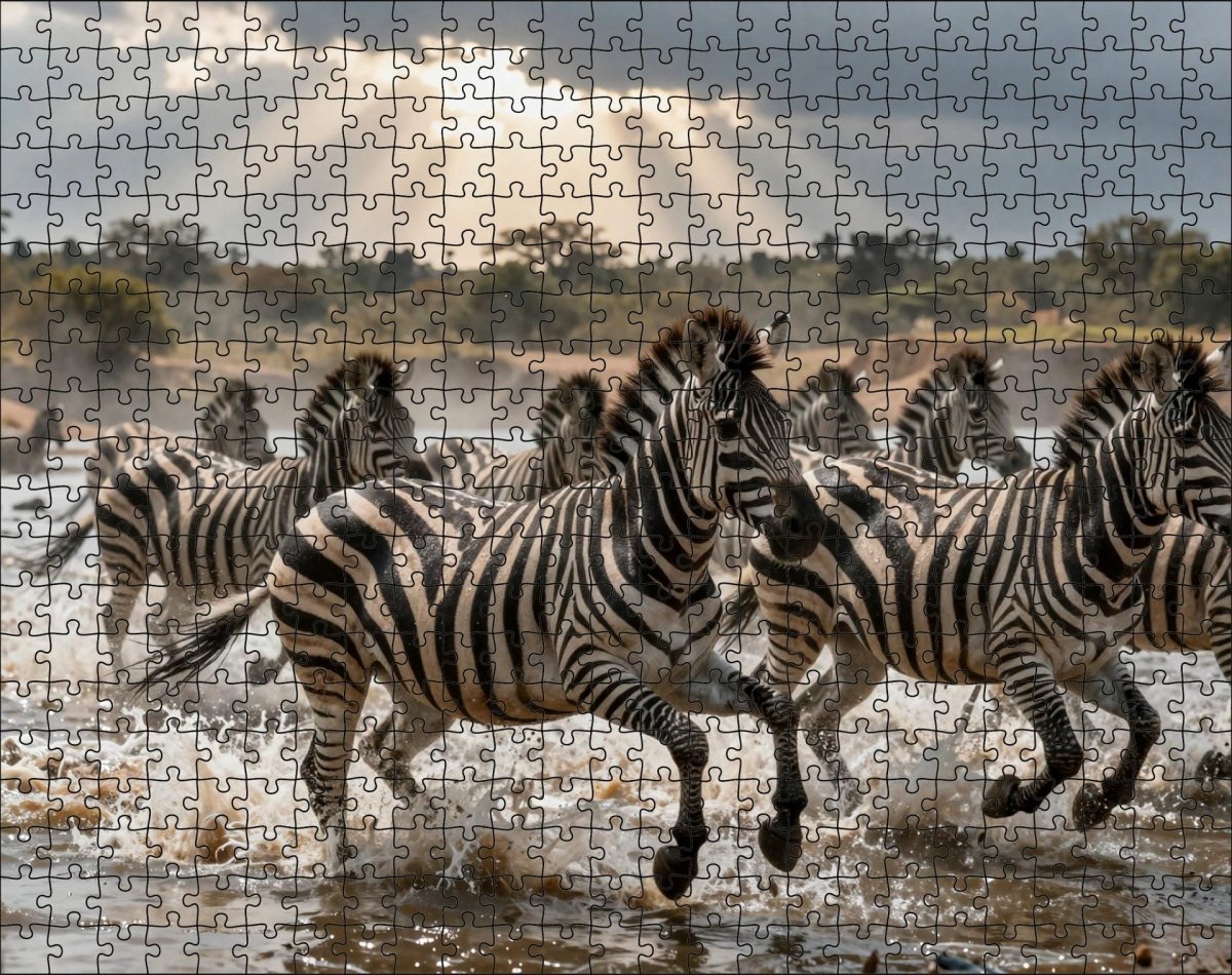 Fotopuzzel Zebra 'River Crossing Chaos' | Liggend - Stukjes Geluk